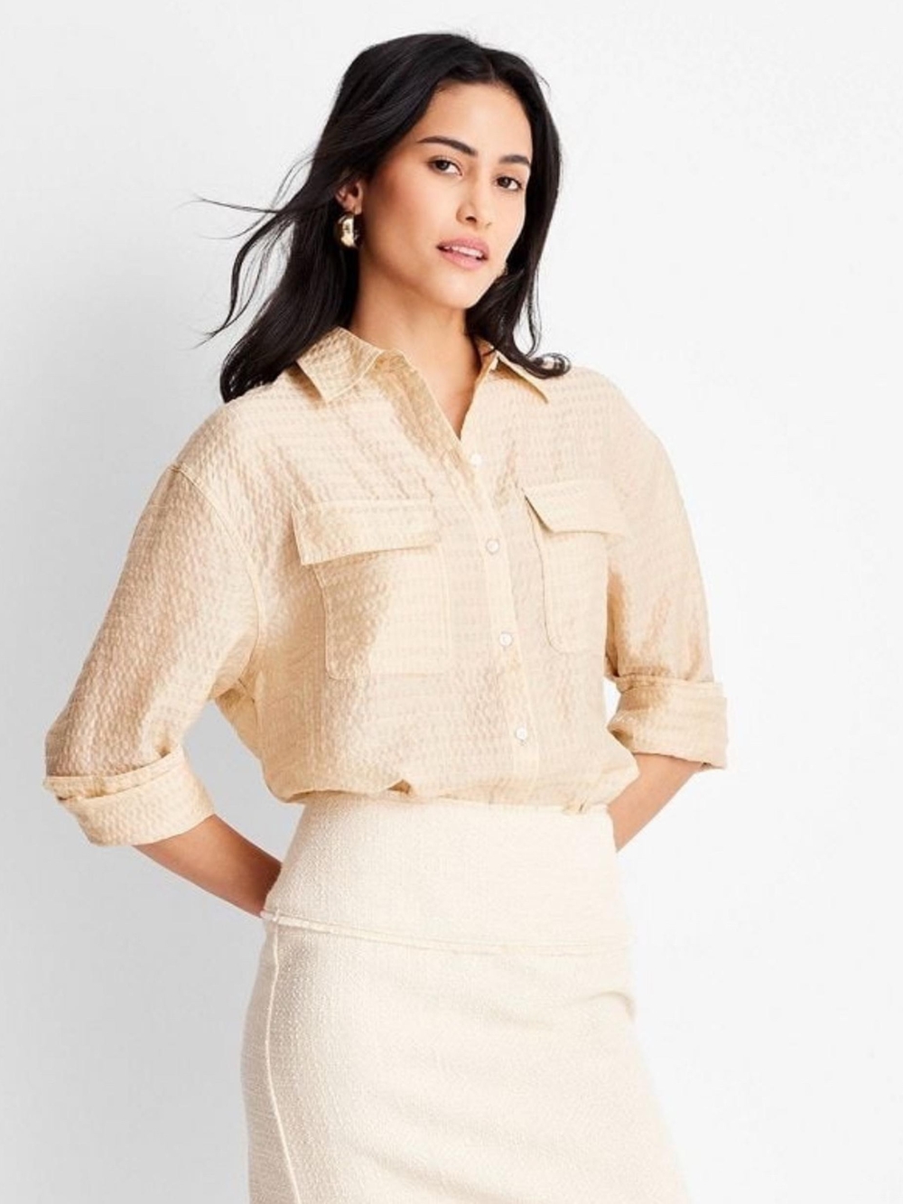 Target Future Collective Jenny K Lopez Gold And Cream Utility Button-Down Shirt